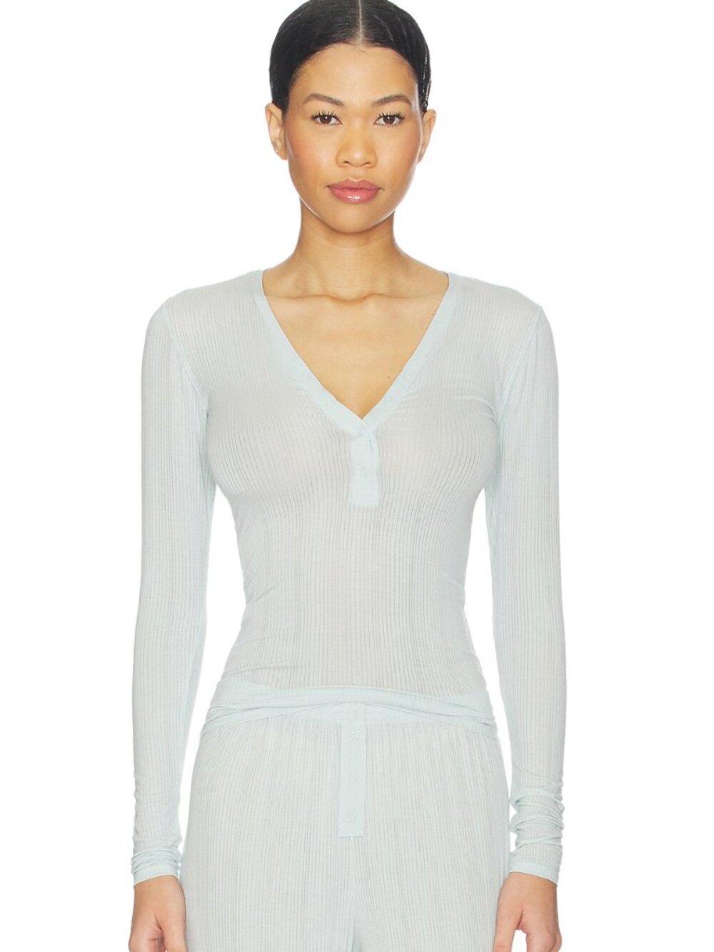 Negative Underwear Light Blue Ribbed Long Sleeve V-Neck Top